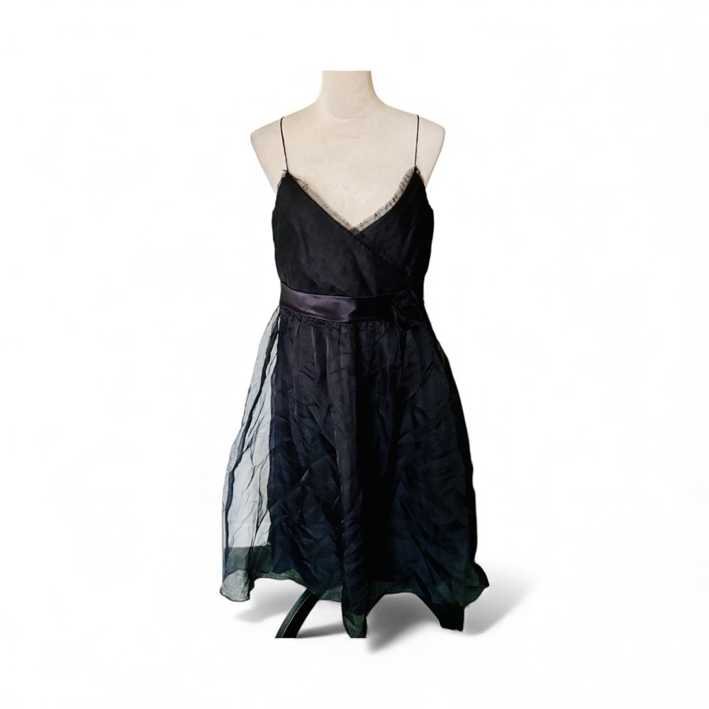 Nine West Sz 12 Little Black Midi A Line Silk Dress with Sheer Overlay